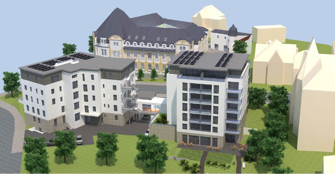 Visualisierung des Seniorenzentrums Plauen: zwei Neubauten vor einem historischen Gebäude